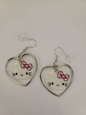 Hello Kitty Silver Heart Earrings with Pink Bows